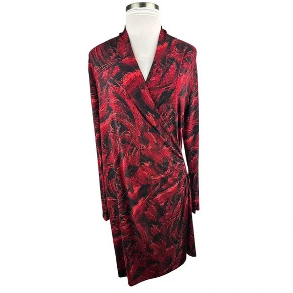 Norma Kamali Faux Wrap Dress Red & Black Feather Print Size XXL 2XL Office Chic - Picture 4 of 16